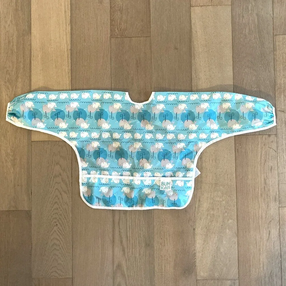 Bumkins Long Sleeve Bib with Pocket Blue Whale Design - Washable